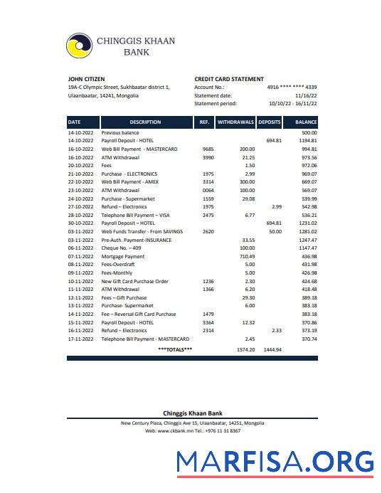 Realistic Mongolia Chinggis Khaan bank statement excel sample